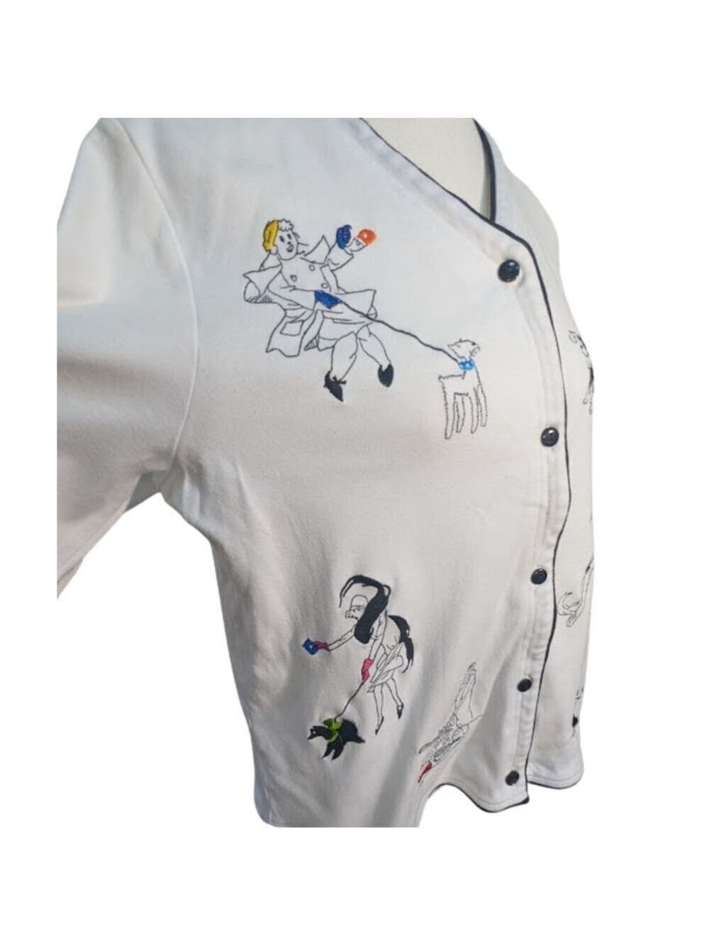 Whimsical Embroidered Dog-Lover Cardigan Artful Cotton Button Front | Women's M